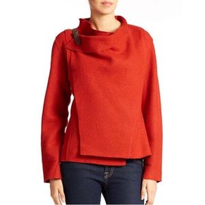 Eileen Fisher Leather Trim Drape Front Wool Jacket Rust orange Size S
